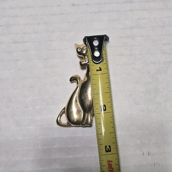 Vintage Gold Tone Cat Brooch Pin Rhinestone Eyes & Bow Kitty Feline Jewelry Gift - Picture 5 of 5